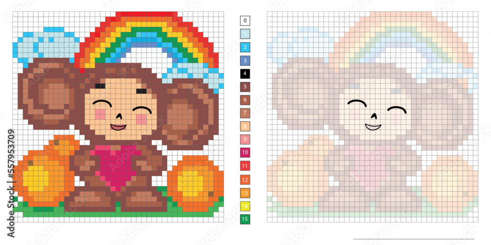 Pixel Counting pixel illustration cheburashka cartoon character rainbow, oranges ...