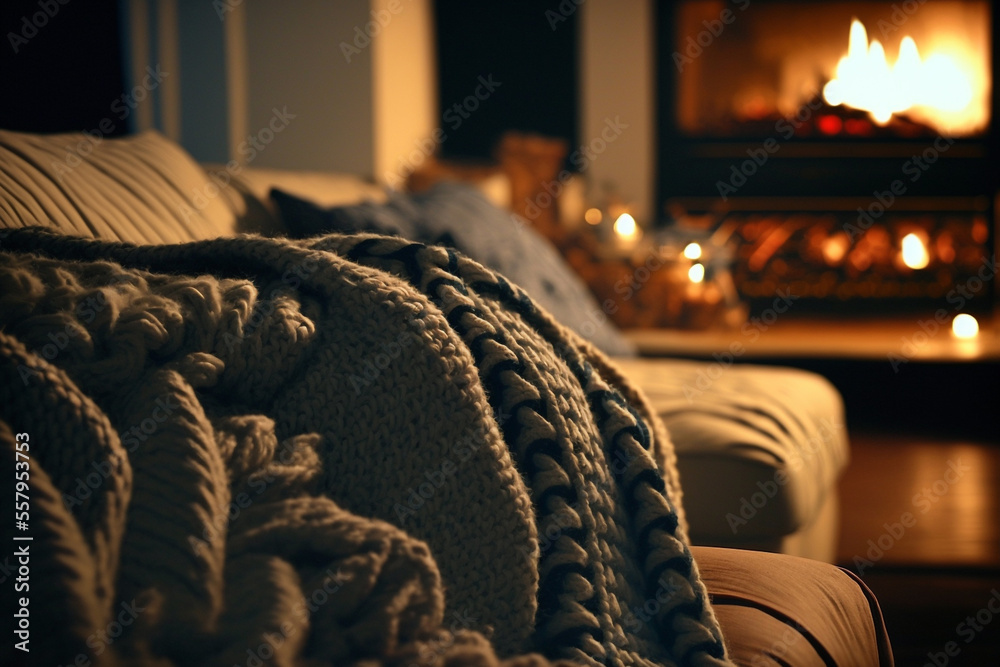 Foto de Wool blankets on the sofa of a cozy living room illuminated by