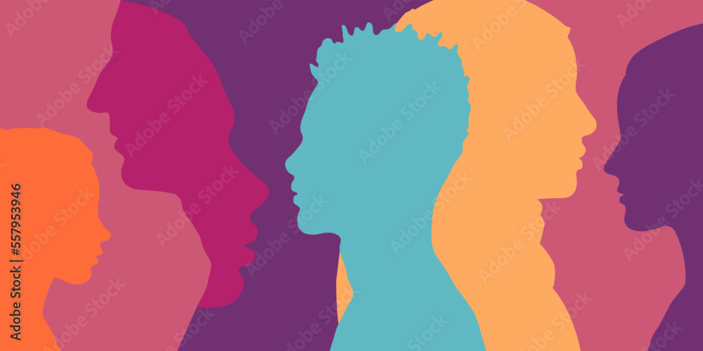 Human profile silhouette. Multicultural and multiracial people. Family environment, empowerment, harmony, unity, equality. 