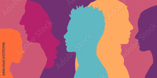 Human profile silhouette. Multicultural and multiracial people. Family environment, empowerment, harmony, unity, equality. 