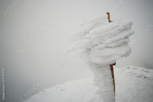 Widok na zaśnieżone i zamarznięte oznaczenie szczytu w Tatrach.