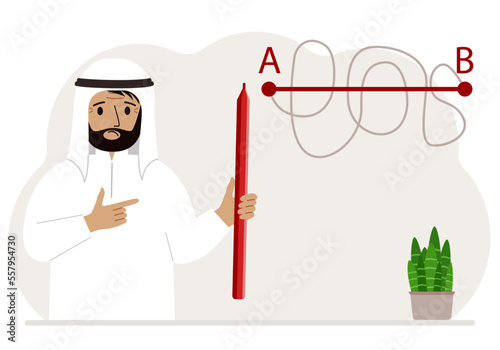 A man with a red pencil in his hand. A line is drawn from point A to point B, a straight and difficult path, the shortest distance to the goal, an easy or short path to success in business and life.