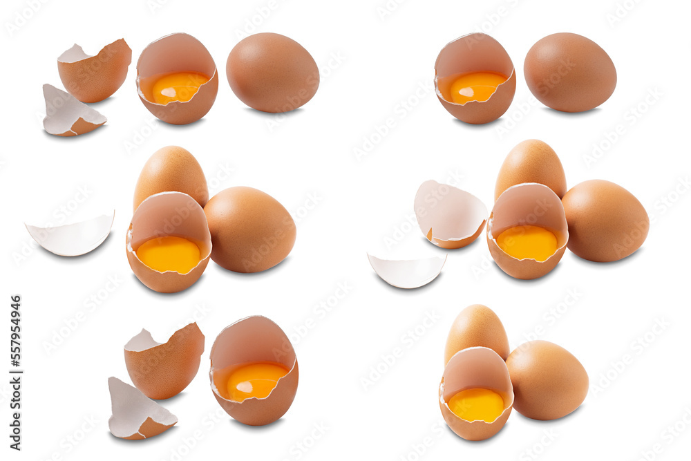 collage of raw chicken eggs whole and broken collage of raw chicken eggs whole and broken