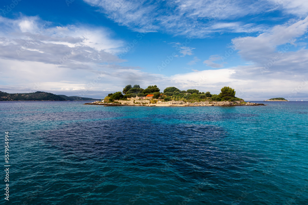 Otočić Gubeša, a small island sheltering the bay of Uvala Gradina near Vela Luka, Korčula, Dubrovnik-Neretva, Croatia 
