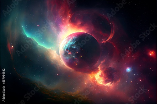 Planet and outer space nebula. Generative AI