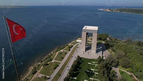 Canakkale Martyrs' Monument is a monument located on Hisarlik Hill in front of Morto Bay, at the end of the Dardanelles, on the Gallipoli Peninsula within the borders of the province of Canakkale. photo