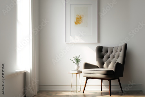 Interior of a light filled living room with a chair against a blank white wall. Generative AI © 2rogan