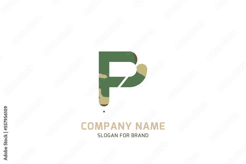 Original symbol P for logo. Letter in camouflage stylization for military and army theme for creative design template. Flat illustration EPS10 Original symbol P for logo. Letter in camouflage stylization for military and army theme for creative design template. Flat illustration EPS10