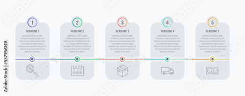 Light process Infographics with five steps timeline and colorful elements. Thin line vector icons. Data graphs for flow charts, presentations and UI