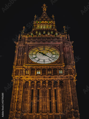 Looking up at the Elizabeth Tower (Big Ben) at the Palace of Westmister on a summers night - Portrait photo