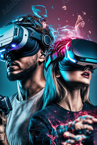 Man and woman play metaverse virtual digital, Metaverse, VR, AR © DarkKnight