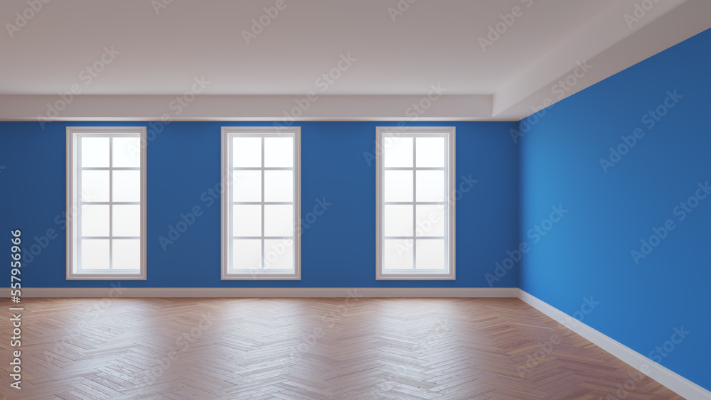 Fototapeta premium Room with Blue Walls, White Ceiling and Conrnice, Three Large Windows, Herringbone Parquet Floor and a White Plinth. Beautiful Concept of the Interior, 3D illustration. 8K Ultra HD, 7680x4320, 300 dpi