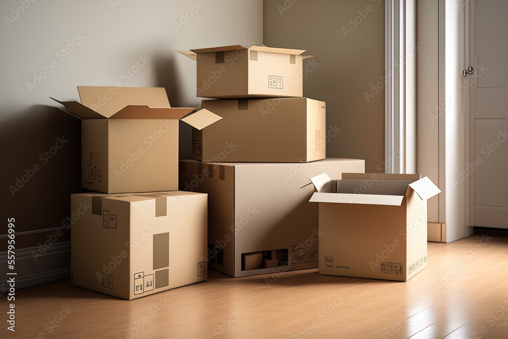 relocating and packing your home. boxes of cardboard on the ground. selective attention. Generative AI relocating and packing your home. boxes of cardboard on the ground. selective attention. Generative AI