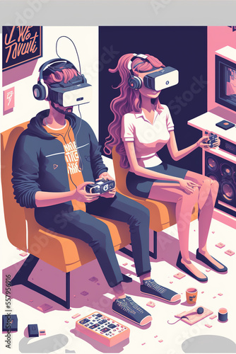 Metaverse, VR, AR, virtual reality game playing, man and woman play metaverse virtual digital, ai