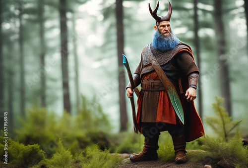  closeup of fantasy viking dwarf holding sword wearing weather armor with blue beard and horns in his head standing in forest an looking to side  generative AI