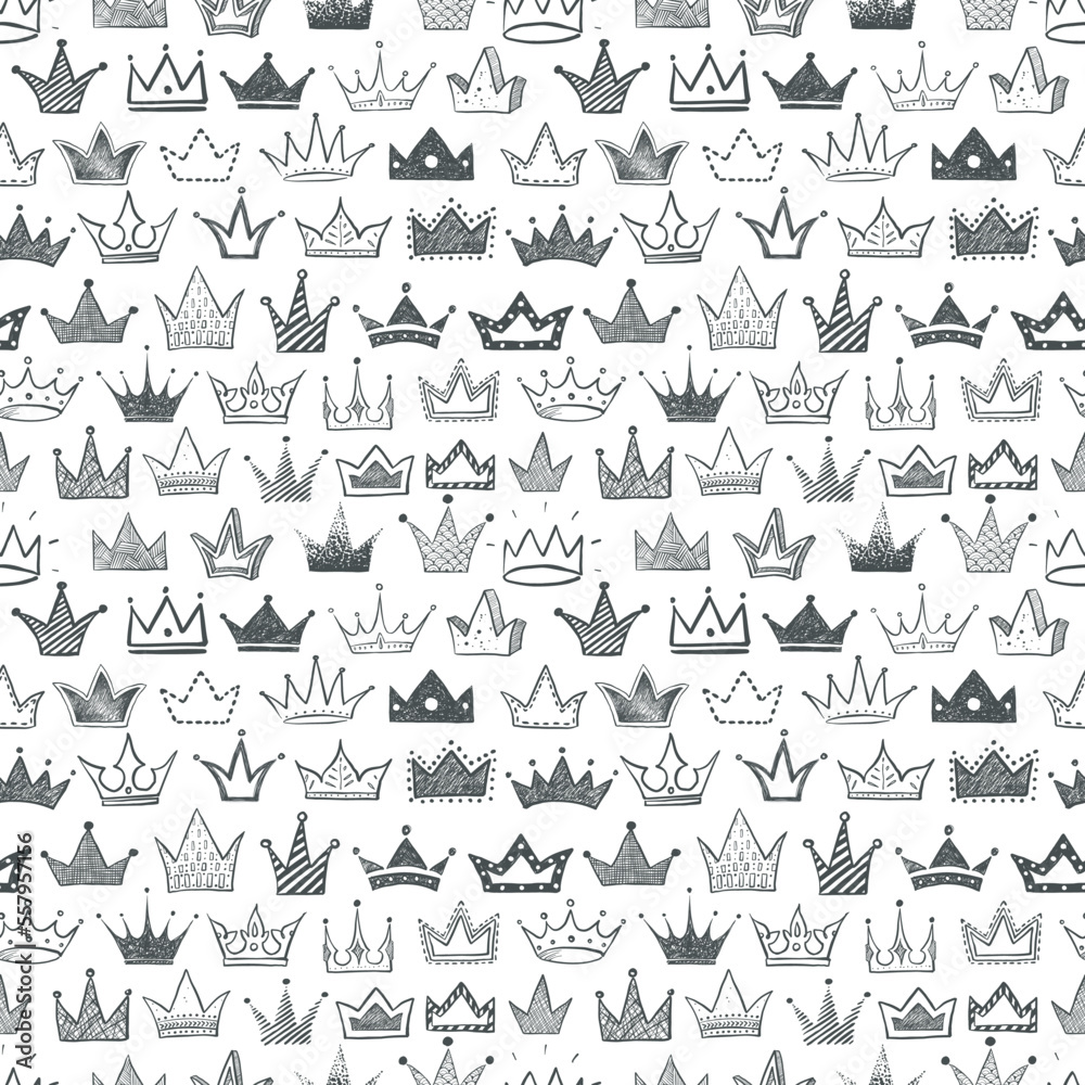 Seamless backrgound with black doodle crowns. Can be used for wallpaper, pattern fills, textile, web page background, surface textures.