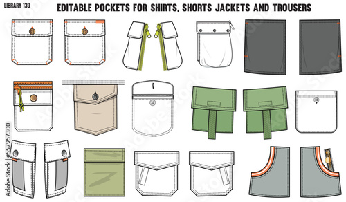 SET OF DIFFERENT TYPES OF POCKET FOR APPAREL AND CLOTHINGS; FOR SHIRTS DENIM JEANS JACKET CARGO PANTS CHINOS, JACKETS AND BLAZERS IN EDITABLE VECTOR
