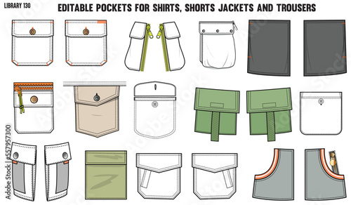 SET OF DIFFERENT TYPES OF POCKET FOR APPAREL AND CLOTHINGS  FOR SHIRTS DENIM JEANS JACKET CARGO PANTS CHINOS  JACKETS AND BLAZERS IN EDITABLE VECTOR