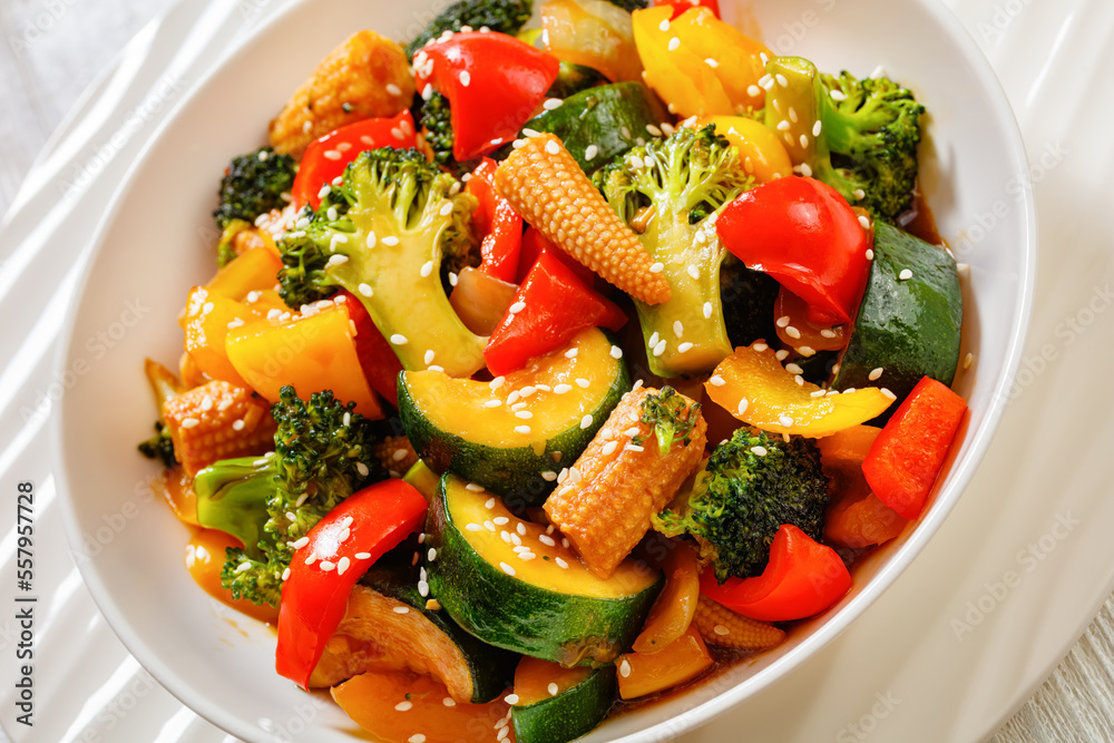 veggies stir-fry with thick soy based sauce veggies stir-fry with thick soy based sauce
