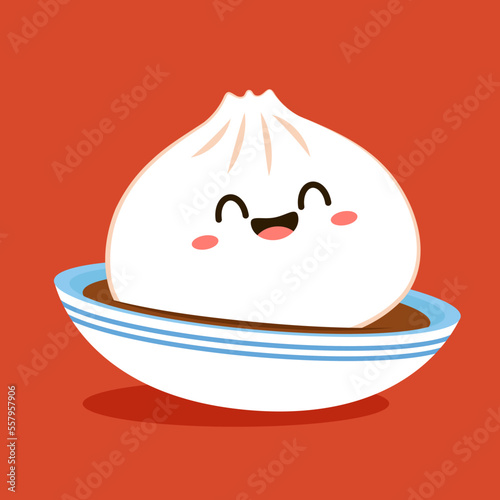 Cute Dim sum character, traditional Chinese dumplings, with funny smiling faces. Kawaii Asian food vector. wood basket.