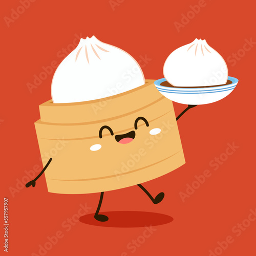 Cute Dim sum character, traditional Chinese dumplings, with funny smiling faces. Kawaii Asian food vector. wood basket.