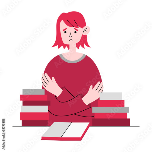 Bored tired student sitting. Sad depressed high school girl feeling boredom. Unhappy fatigue teen pupil with books. Color 2023 viva magenta.