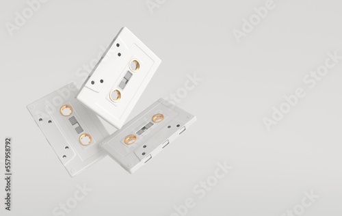 Retro audio cassette 3d render. 70s, 80s, 90s years popular audio tape. Music minimalism concept, white color background