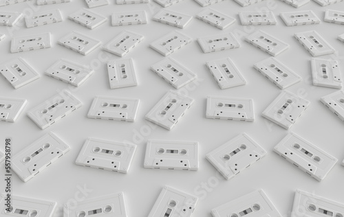 Retro audio cassette 3d render. 70s, 80s, 90s years popular audio tape. Music minimalism concept, white color background