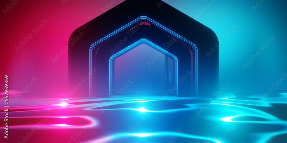 Fototapeta premium gaming background abstract wallpaper, cyberpunk style scifi game, neon glow of stage scene in pedestal display room, 3d illustration rendering, esports team concept