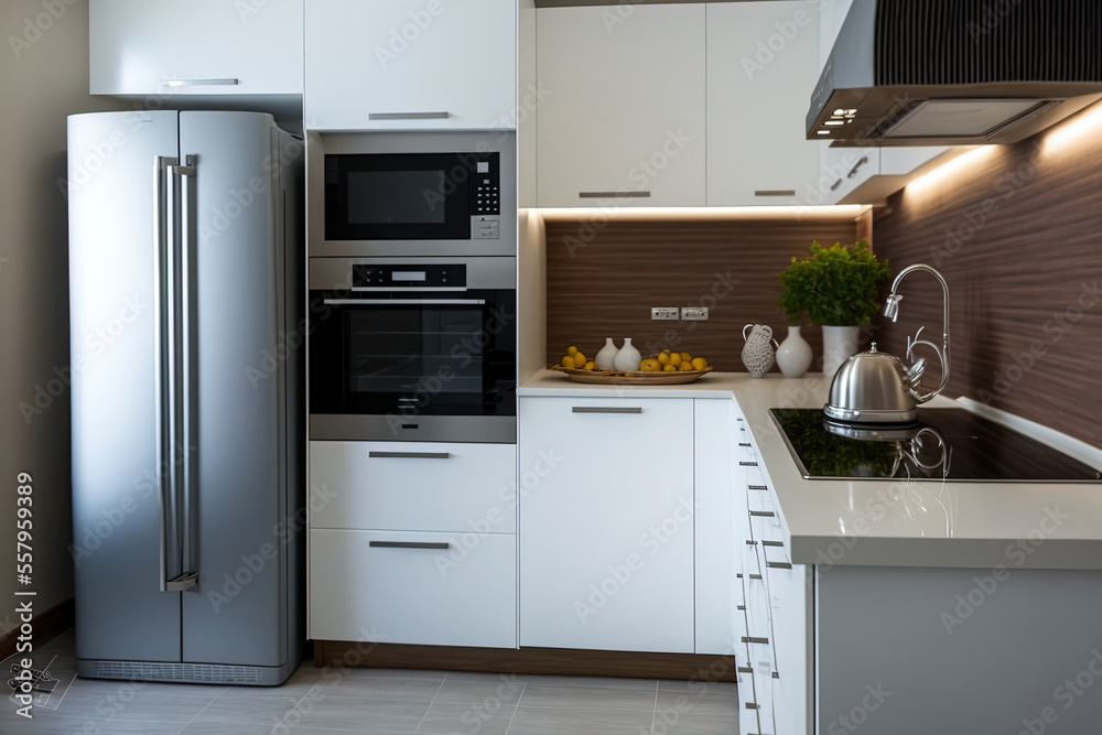 Interior of a new, modern kitchen. Generative AI Interior of a new, modern kitchen. Generative AI