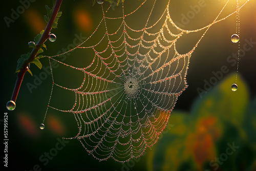spider web with dew drops in the morning. Generative AI