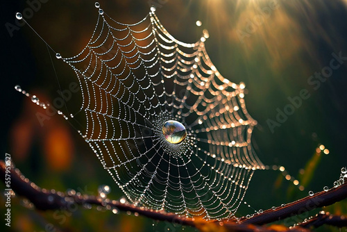 spider web with dew drops in the morning. Generative AI
