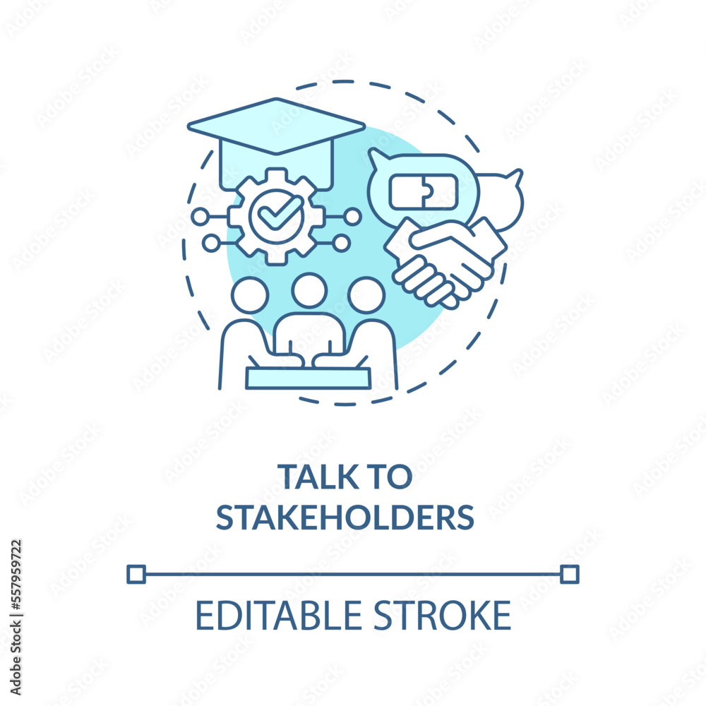 Talk to stakeholders blue concept icon. Launching school learning management system abstract idea thin line illustration. Isolated outline drawing. Editable stroke. Arial, Myriad Pro-Bold fonts used Talk to stakeholders blue concept icon. Launching school learning management system abstract idea thin line illustration. Isolated outline drawing. Editable stroke. Arial, Myriad Pro-Bold fonts used