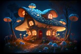 Fantasy Illuminated mushroom house. Generative AI