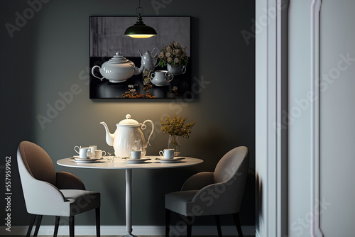 Elegant dining room interior with black seats, a teapot and mug, mock up paintings on the wall, and other contemporary home decor accents. Template. Generative AI