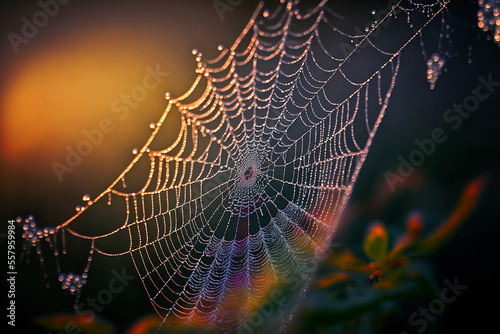 spider web with dew drops in the morning. Generative AI