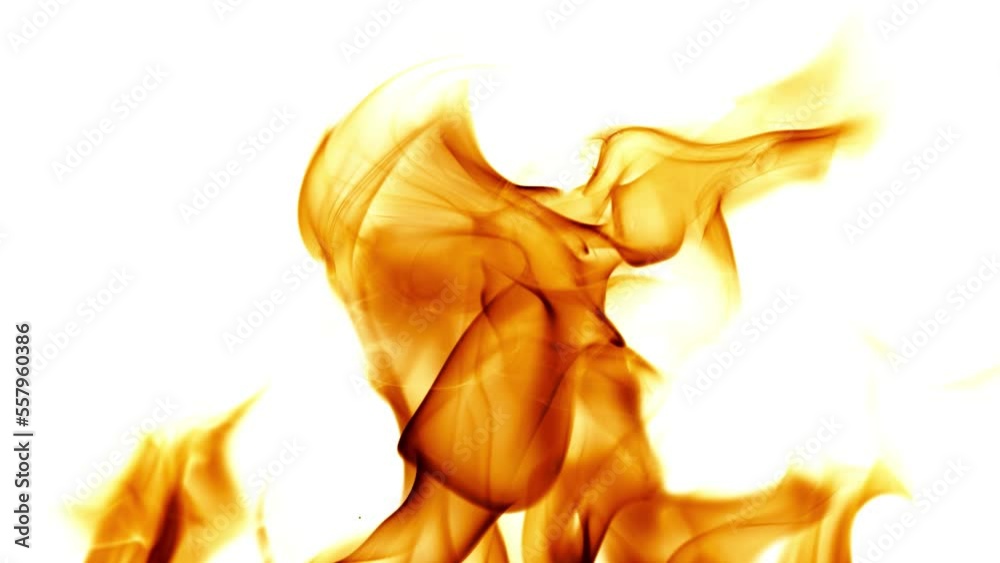 video with bright orange fire with sparks isolated on white background