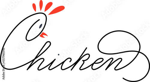 Fototapeta Naklejka Na Ścianę i Meble -  Handwritten word chicken with drawn scallop, beak and eye. For packaging and menu design.