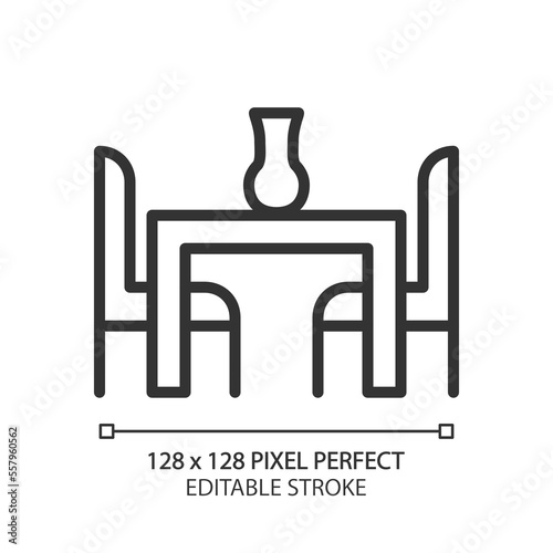 Dining room set pixel perfect linear icon. Table and chairs. Contemporary home furniture store. Seating arrangement. Thin line illustration. Contour symbol. Vector outline drawing. Editable stroke