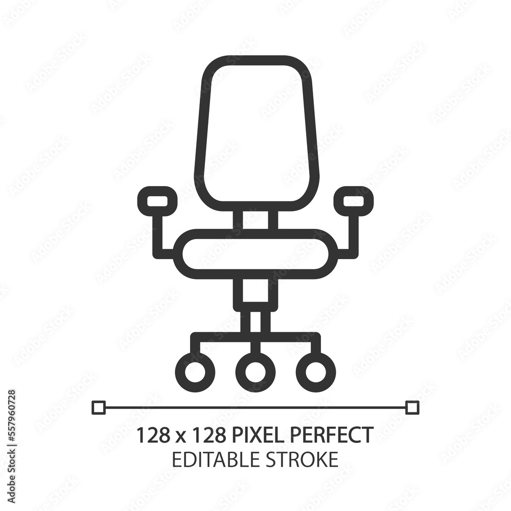Office chair pixel perfect linear icon. Adjustable stool. Ergonomic sitting. Modern contemporary home furniture store. Thin line illustration. Contour symbol. Vector outline drawing. Editable stroke Office chair pixel perfect linear icon. Adjustable stool. Ergonomic sitting. Modern contemporary home furniture store. Thin line illustration. Contour symbol. Vector outline drawing. Editable stroke