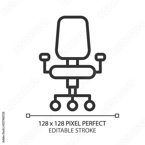 Office chair pixel perfect linear icon. Adjustable stool. Ergonomic sitting. Modern contemporary home furniture store. Thin line illustration. Contour symbol. Vector outline drawing. Editable stroke