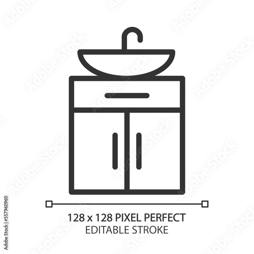 Washstand pixel perfect linear icon. Ceramic bathroom sink. Basin with cabinet. Contemporary home furniture store. Thin line illustration. Contour symbol. Vector outline drawing. Editable stroke