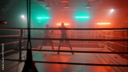 Boxer in the boxing gym. Bandages his hands. Sparring in the ring. Boxer jumping rope. Exercise with ropes. Round one. Fog in the ring. Zetsky sport. Beautiful backlight. World boxing champion.

 photo