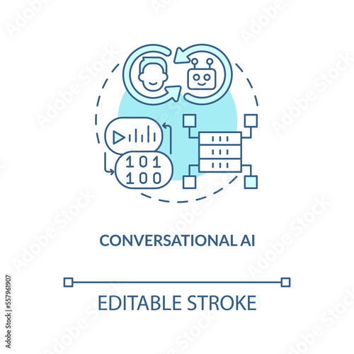 Conversational AI turquoise concept icon. Data science solution for business abstract idea thin line illustration. Isolated outline drawing. Editable stroke. Arial, Myriad Pro-Bold fonts used