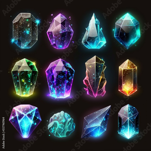 RPG Magic Gemstones Illustration, Collection of Magic Stone Roleplaying, Magic Jewellery Object Set, Generative AI