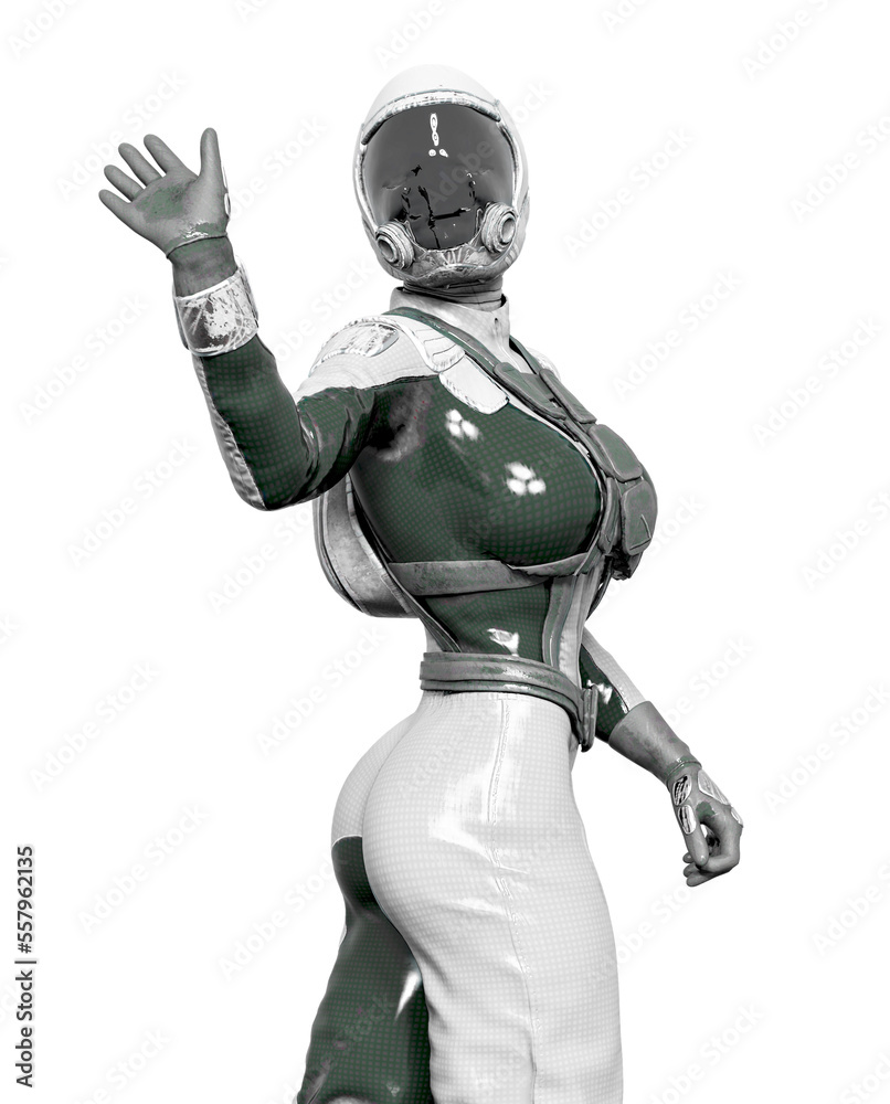 cosmonaut girl is waving good bye on white background cosmonaut girl is waving good bye on white background