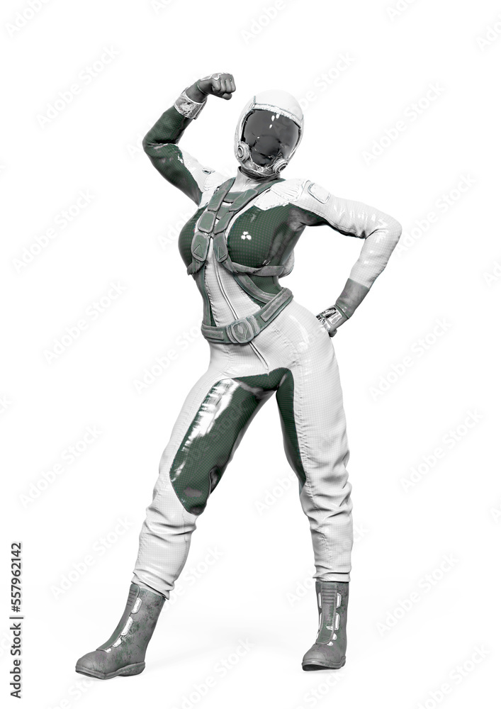 cosmonaut girl is celebrating on white background cosmonaut girl is celebrating on white background