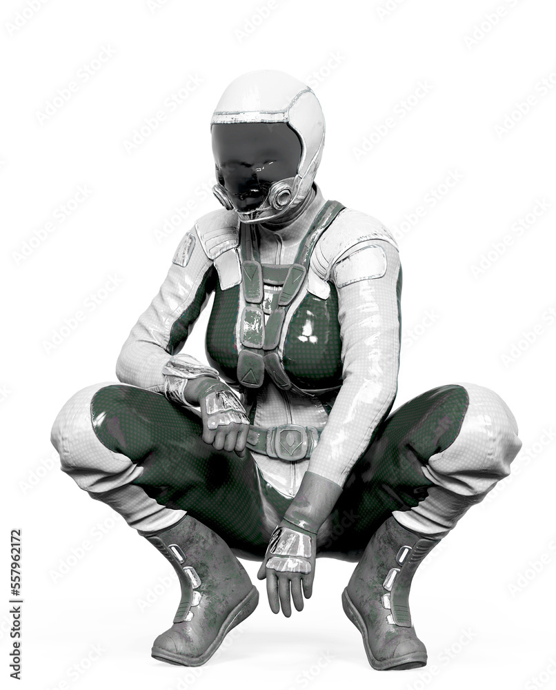cosmonaut girl is crouched and waiting on white background