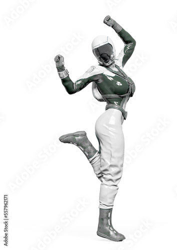 cosmonaut girl is dancing in pin up pose on white background