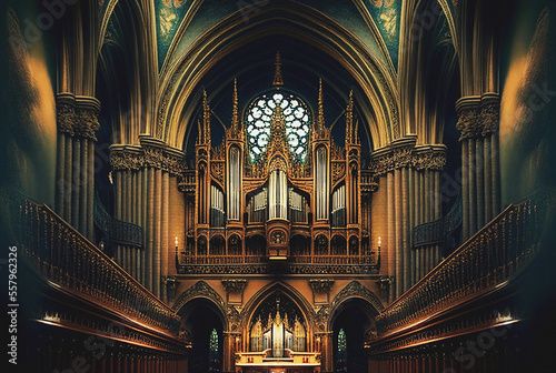 Pipe Organ in Cathedral - Generative AI photo